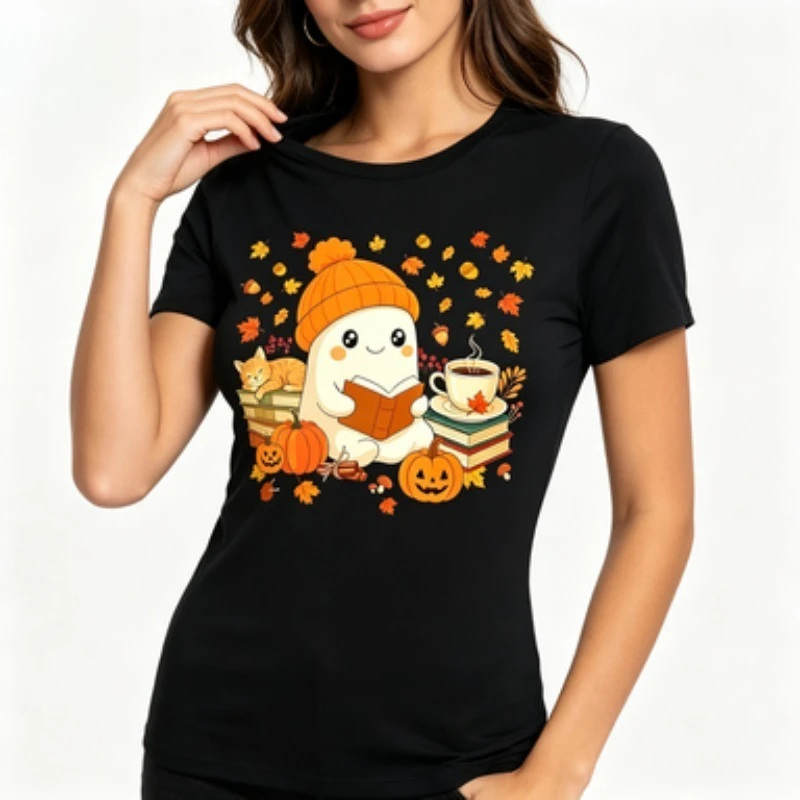 Women Slim‑fit Round Neck Short‑sleeve T‑Shirt Cute Autumn Ghost Reading Book Cat Pumpkin Maple‑leaf Graphic Fall Casual Tops