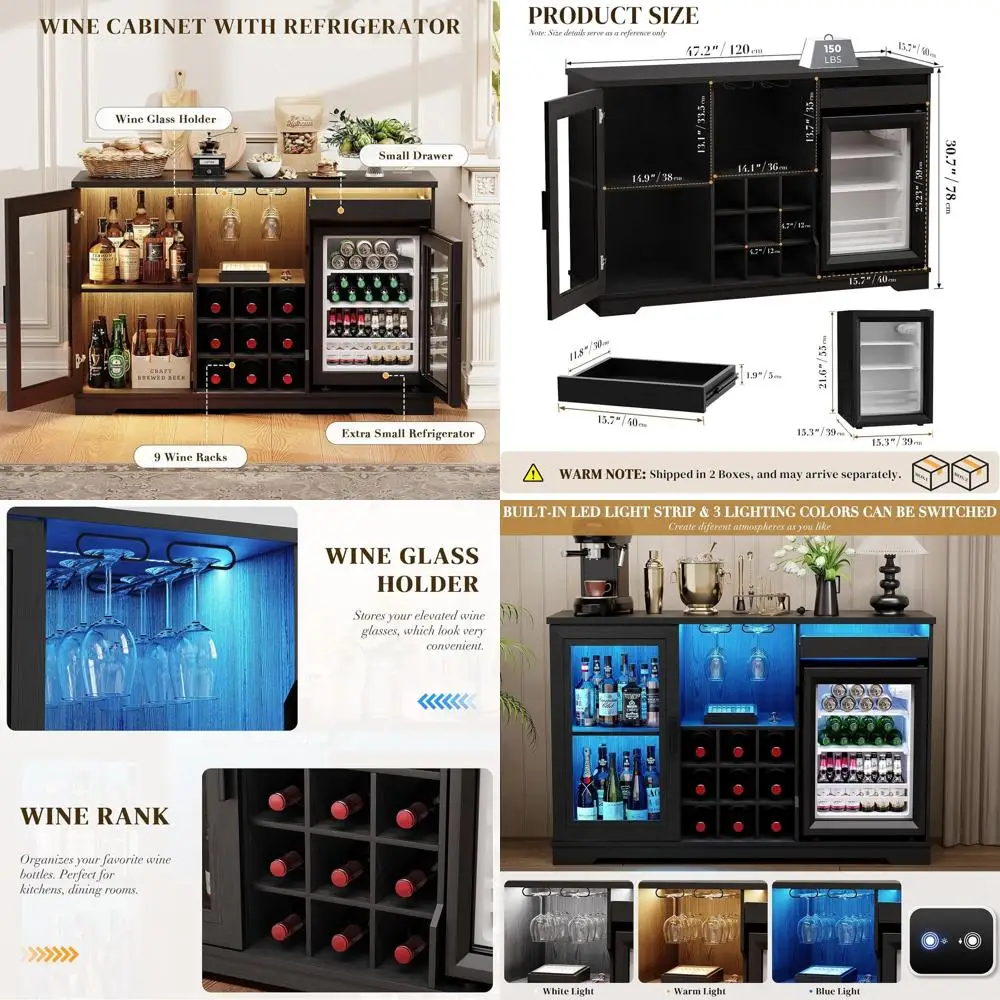 

Illuminated Large Liquor Cabinet with Glass Holder, Wine Rack, and Human Body Sensor, Suitable for Home or Buffet, Black