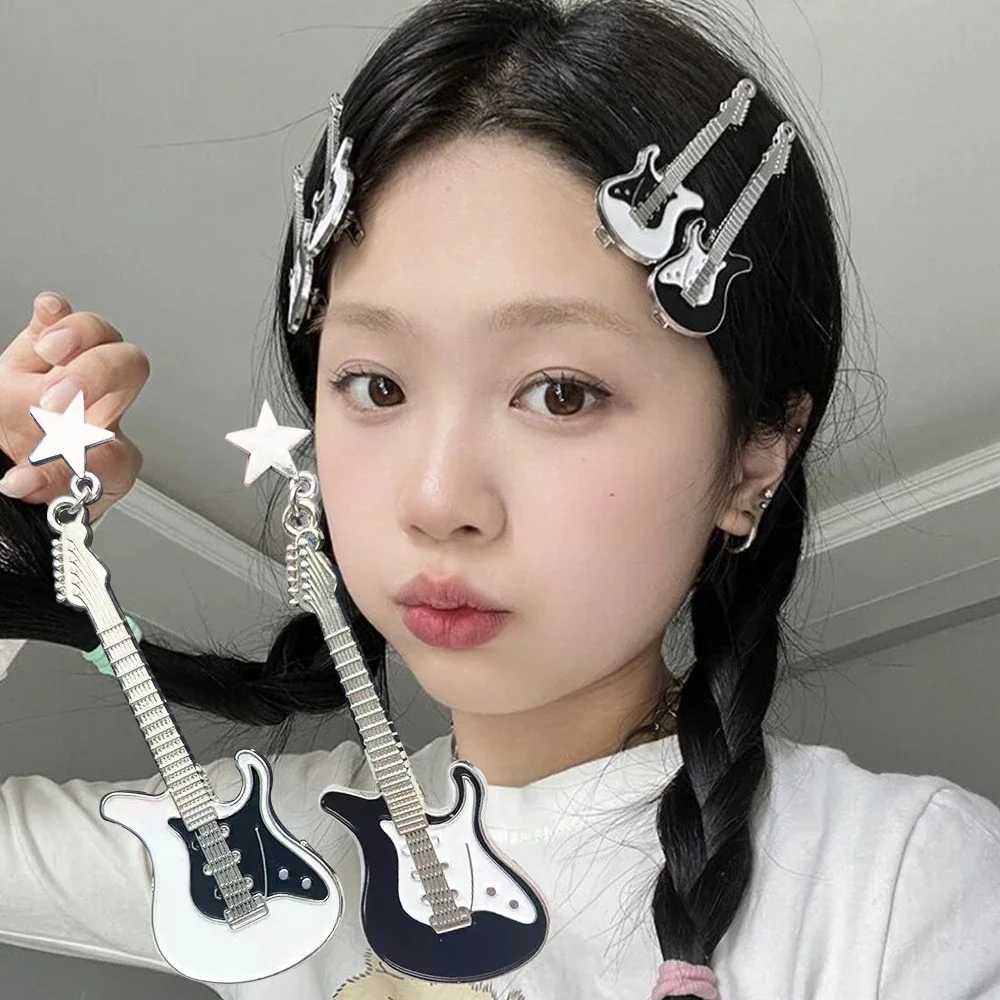 Y2K Star Guitar Hair Clip Black White Metal Bangs Clip Cool Girl Hairpin Creative Woman Barretes Side Clip Headwear Gifts 2024