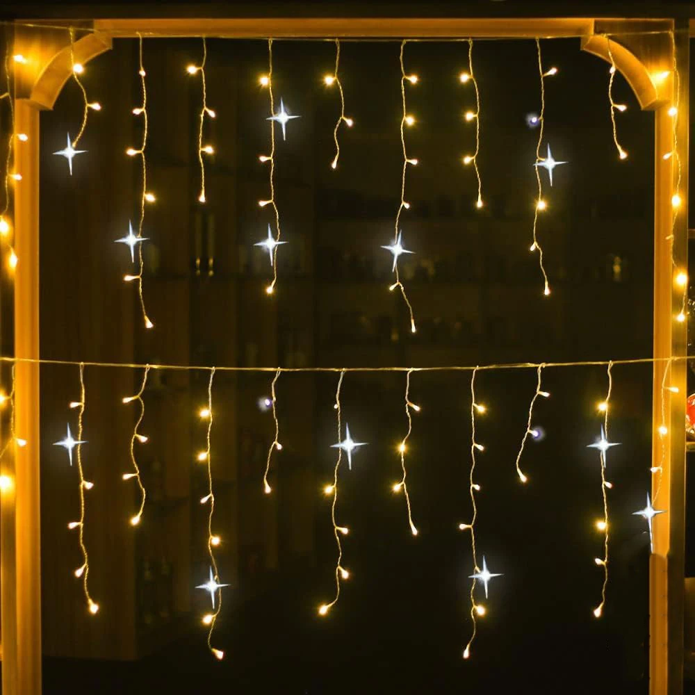 Christmas Festoon Led Icicle Curtain Lights Outdoor 4M(W)*0.6M(H) White Flash Fairy String Light Clear Wire New Year Decorations