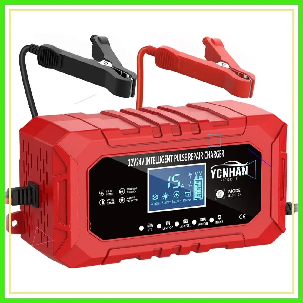 

15A Smart Battery Charger 12V/24V for Car Truck Motorcycle Boat with Temperature Compensation & Pulse Repair