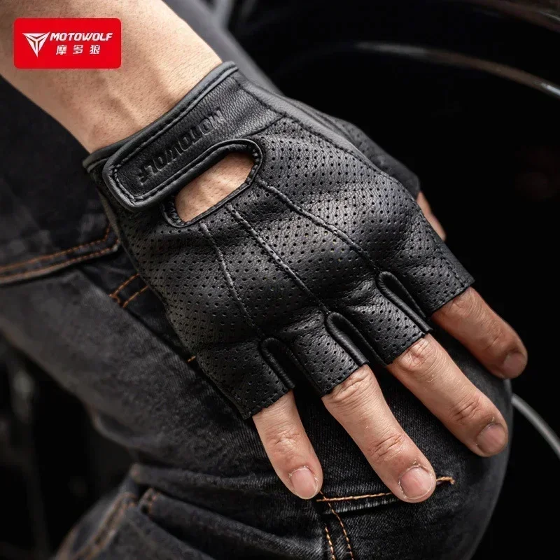 Retro Sheepskin Motorcycle Motocross Gloves Summer Riding Motorcycles Half Finger Motor Perforated Anti Drop Gloves Breathable