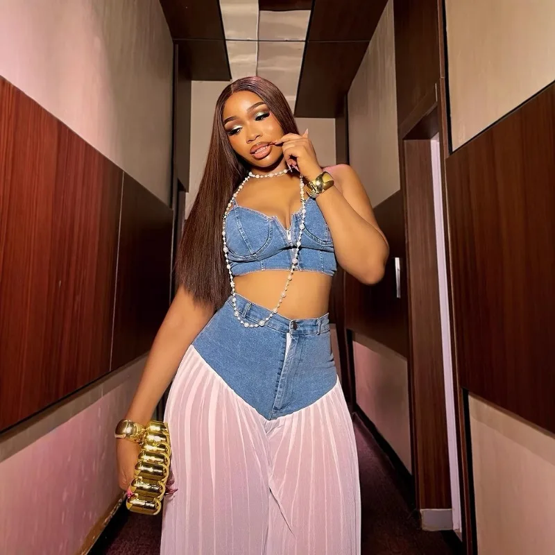 

Women Fashion Denim 2 Piece Set Zipper Backless Camisole Crop Tops + Pleated Chiffon Patchwork Wide Leg Pants Casual Jeans Suits