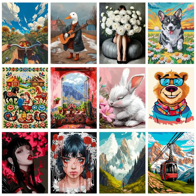 CHENISTORY Peinture par numéros DIY Fille et animal Peintures peintes à la main Dessins sur toile Kits de peinture par numéros Décoration intérieure