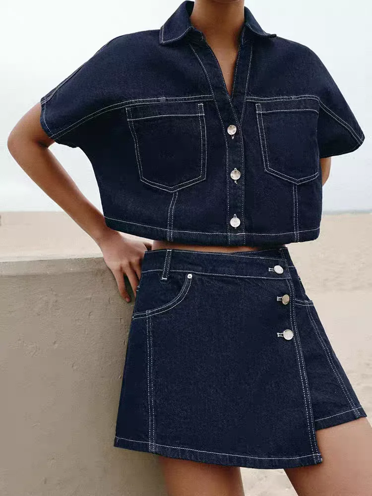 

Summer 2026 New Women's Fashion Short Denim Shirt And Skirt Set Collar Buttoning Sleeve Length Short Pants Length Short