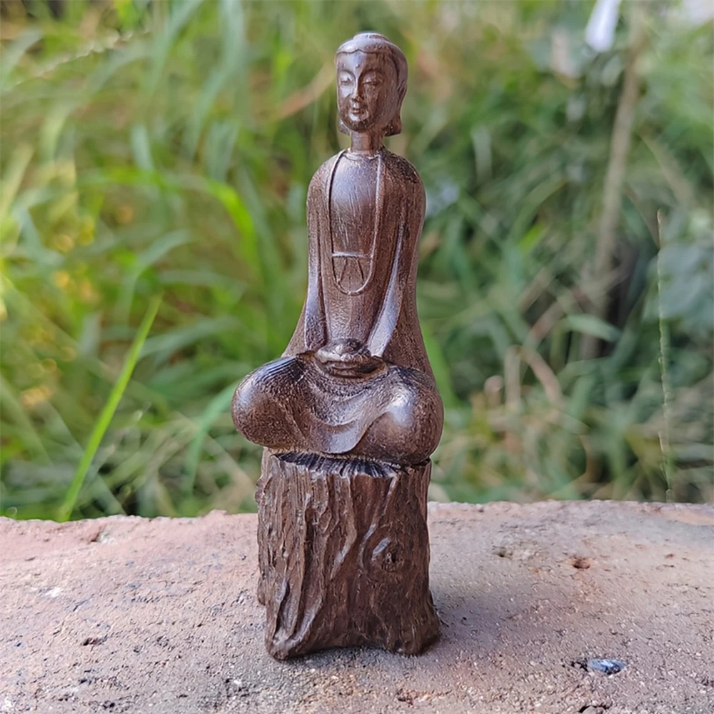 Adorno de Buda de meditación de madera tallada a mano de 3,8 pulgadas, estilo Zen chino, adecuado para chimenea, dormitorio, decoraciones navideñas, decoraciones de escritorio, decoración del hogar, regalos de Año Nuevo, regalos de inauguración de la casa