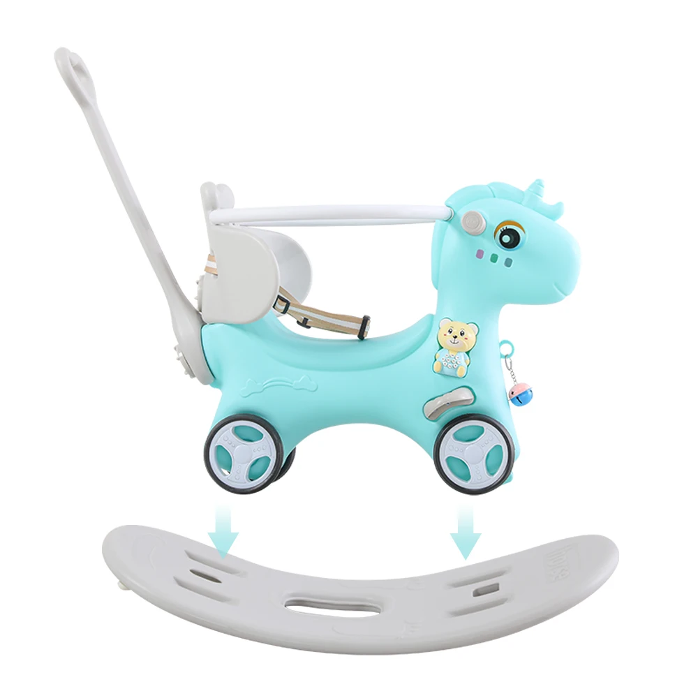 Cavalo de balanço de unicórnio azul: passeio de equilíbrio para crianças com alça e encosto - brinquedo infantil