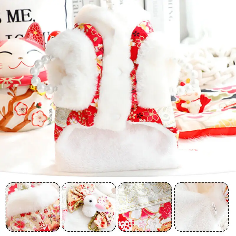 Japanese Warm Cat and Dog Coat, Princess Sakura Kimono, Bow-knot Pet Clothes, Jacket, Flower Printing, Supplies