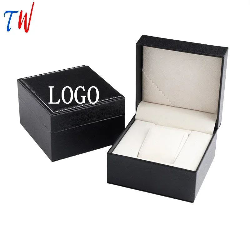 White Stitching Surface Black Lychee Pattern Plush White PU Leather Flip Watch Case Box Customization Logo Watch Box Organizer