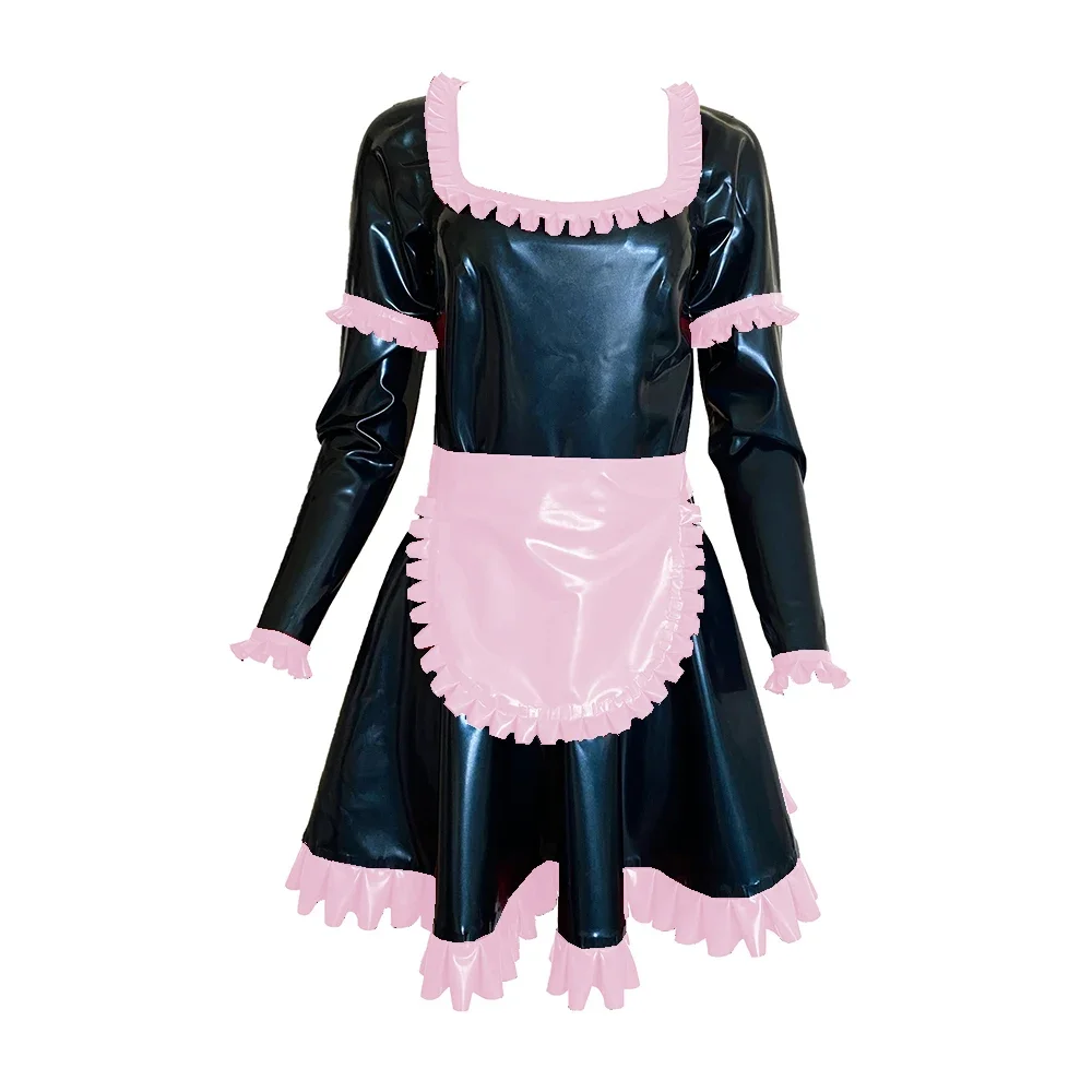 

Shiny Sissy PVC Leather Mini Dress Sexy Maid Uniforms Long Sleeve Dress with Apron Sexy Cosplay Costumes Role Play Maid Outfit