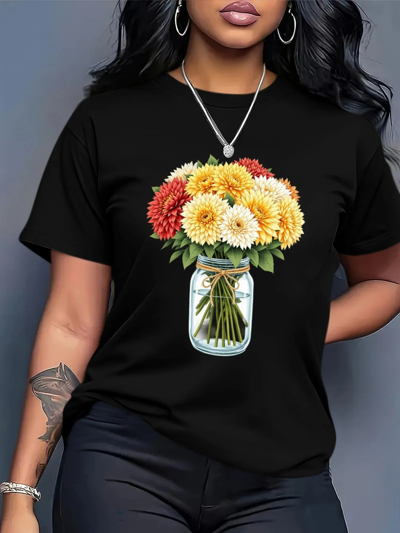 Women's Heavyweight T-Shirt - Black Yellow Floral Daisies Print Short Sleeve Round Neck Fit Casual Top -Season Layering Blouse