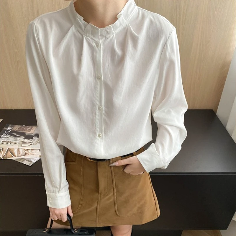 

2026 Spring Blouses Women Shirt Round Neck Full Sleeve Tops Ruffles Slim Fit Y2k Streetwear Elegant Splice Shirts Top Autumn