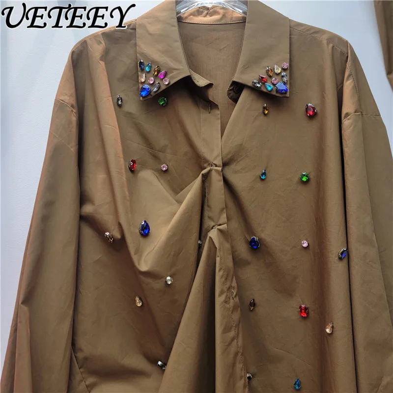 

Высококачественная красочная рубашка ручной работы со стразами, весна 2026, новый корейский стиль, модные свободные повседневные блузки, универсальный топ с длинными рукавами