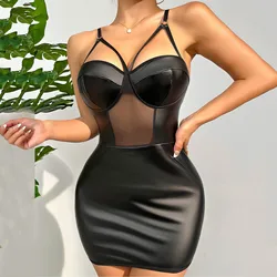 Women Leather Spaghetti Strap Dress Sleeveless Zipper Front Push Up Bra Mini Bodycon Dress Sexy Mesh Party Clubwear Micro Dress