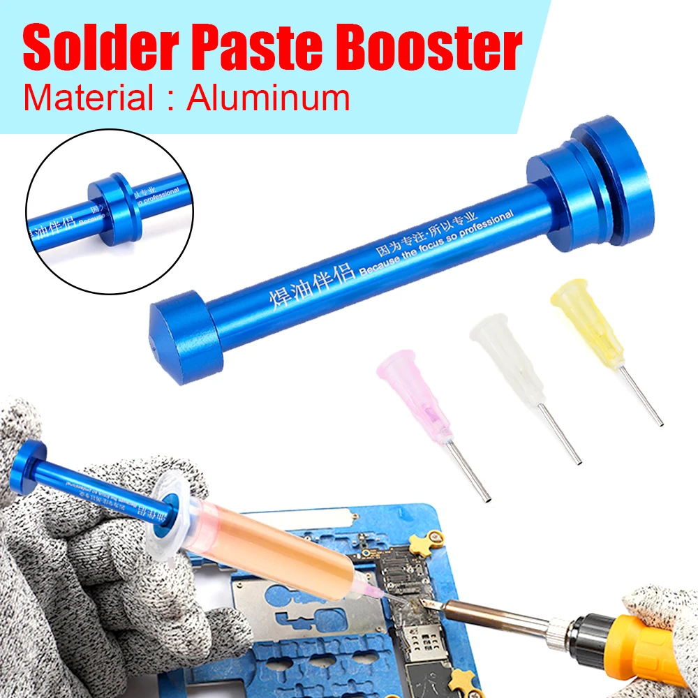 Aluminum Alloy Push Rod Tube Solder Paste Flux Booster Manual Syringe Flux Booster Rod Dispenser Propulsion Tool + 3pcs Needles