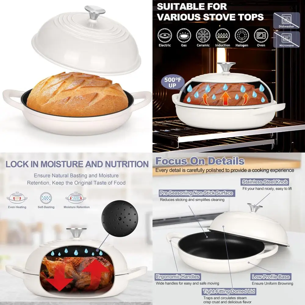 

Чугунная эмалированная жаровня для выпечки хлеба, 6 кварт, с высокой куполообразной крышкой и круглым основанием, для выпечки хлеба на закваске, самоохлаждающаяся.