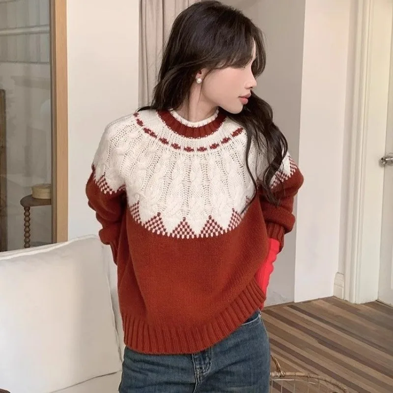 

Women Autumn Winter Korean Fashion Patchwork Color Blocking O-neck Women Clothing Retro Fashion Pullover Sweater Long Sleeve Top