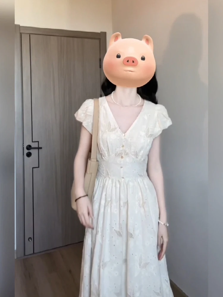 

XZY Ele Женское летнее платье с V-образным вырезом, с объемной вышивкой, приталенное, длинное, А-силуэт, в корейском стиле, с рукавами-фонариками, повседневное