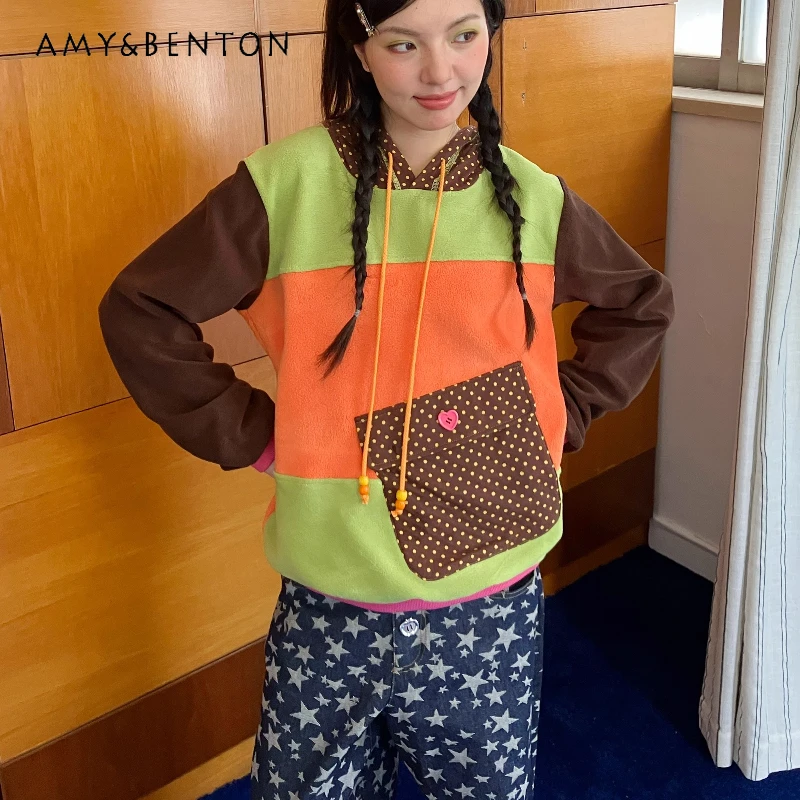 

Autumn Winter New Playful Polka Dot Splicing Fleece Hooded Sweatshirt for Women Retro Design Versatile Warm Sweatshirts Ladies