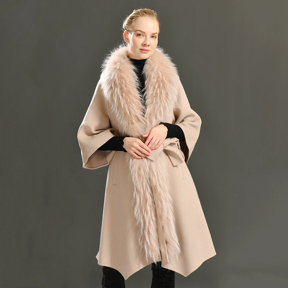 

Luxyonuo Autumn Women Wool Coat Real Fur Collar Belt Luxury Belt New Fashion Female Casual Loose Winter Outerwear 2022