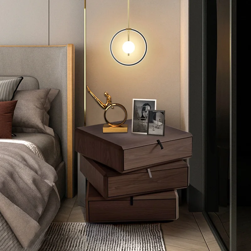 Italian minimalist solid wood smoke color rotating bedside table