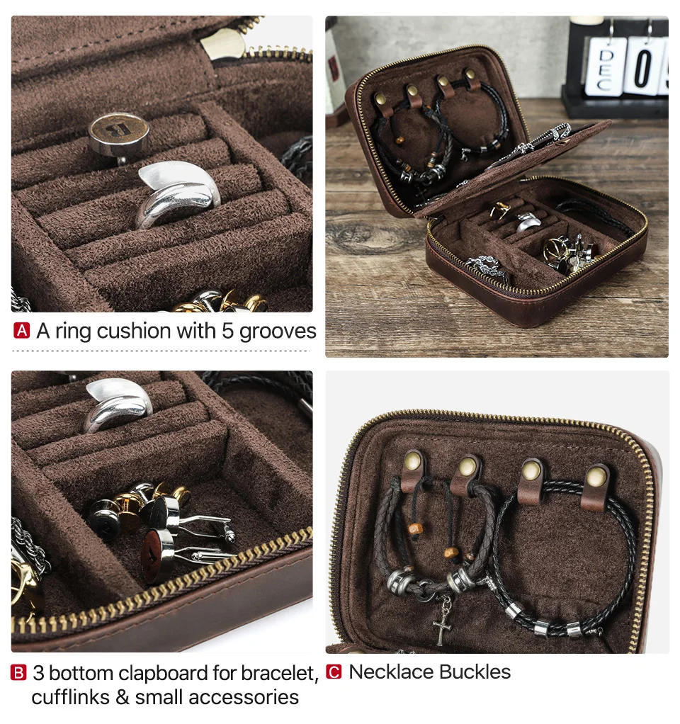 Luxus Doppelschicht Echtleder Schmuck Ohrring Armband Reißverschluss Box Reise Tragbarer Aufbewahrungskoffer mit Spiegel Geschenkverpackung – Detail 9