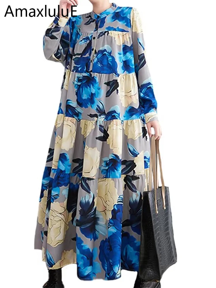 Amax luluE European Fashion Long Floral Clothes Spring Women Loose Elegant Printed Dresses Ladies Luxury Classic Casual Vestidos