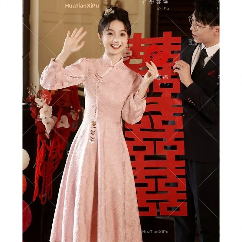 

Pink Wedding Dress Long Sleeve Return Home Dress New Chinese Style Morning Robe for Bride Custom Made Ceremony