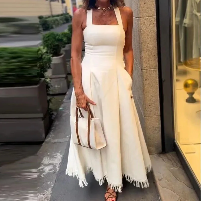 Mode Vierkante Kraag Taille Slanke Lange Jurk Vrouwen Casual Mouwloze Pocket Solid Feestjurk Elegante Kwastje Splicing Maxi Jurk - afbeelding 1