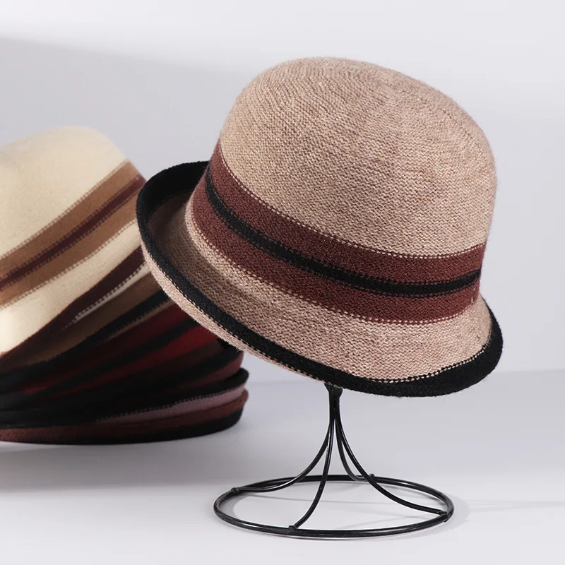 Elegante sombrero de fieltro de lana suave a rayas para mujer, plegable, para fiesta de viaje, estilo pescador panamá, regalo para madre, Otoño Invierno