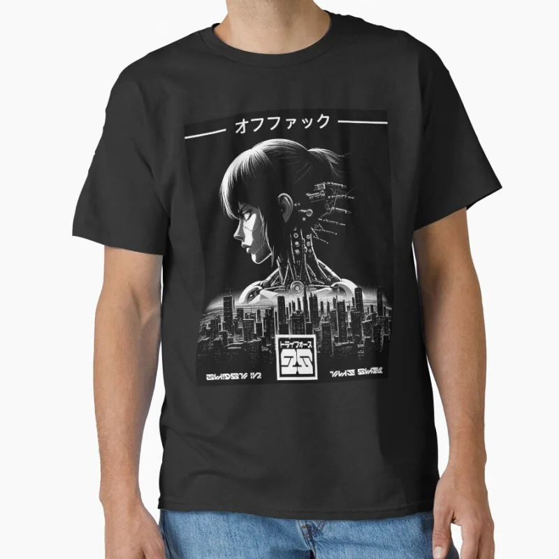 

Japan Cyberpunk Ghost Girl Ghost In The Shell sci fi Cyber girl Dystopian Style Anime Gift T shirt for men Large size Tops
