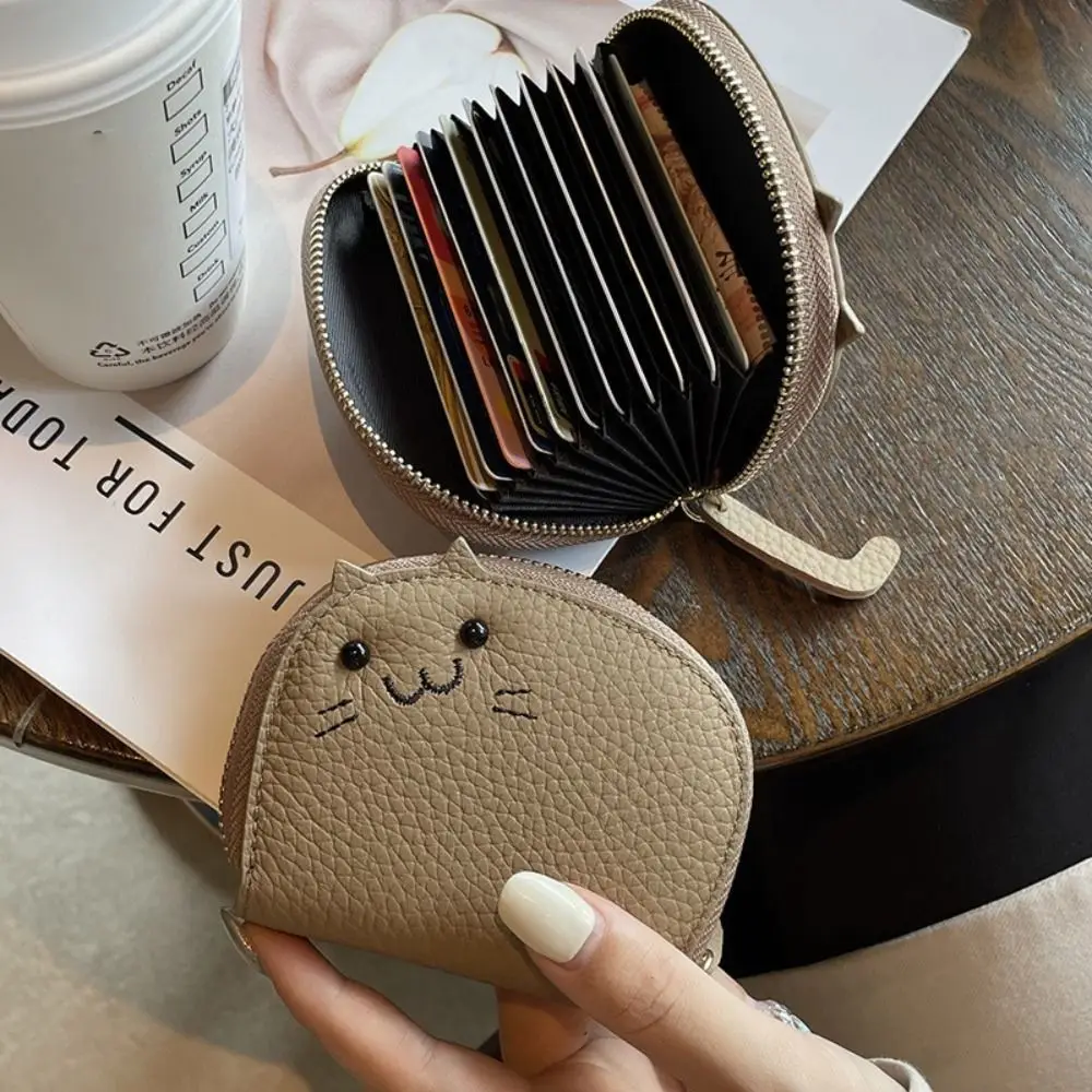 PU Leather Mini Card Wallet Cute Solid Color Cartoon Cat Business Card Case Anti-degaussing Coin Key Storage Bag Women