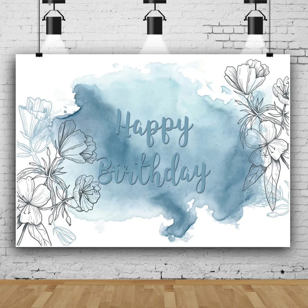 Laeacco Blue Happy Birthday Backdrop Watercolor Ink Floral Wedding Party Decor Girls Women Kids Portrait Photography Background