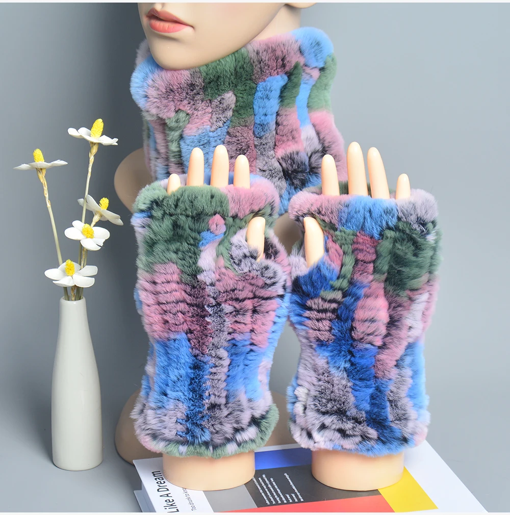 One Set Women Real Rex Rabbit Fur Cuff+Headband Winter Warmer Hat Arm Wrist Sleeve Gloves Female Real Fur Cap+Elastic Wristband