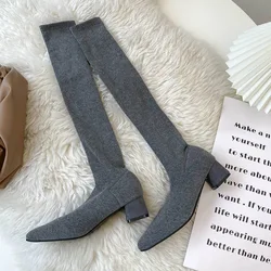 Fashion Thigh High Boots Stretch Fabric Sock Boots Women Pointed Toe High Heels Shoes 2023 Autumn Winter Sexy Over The Knee Boot