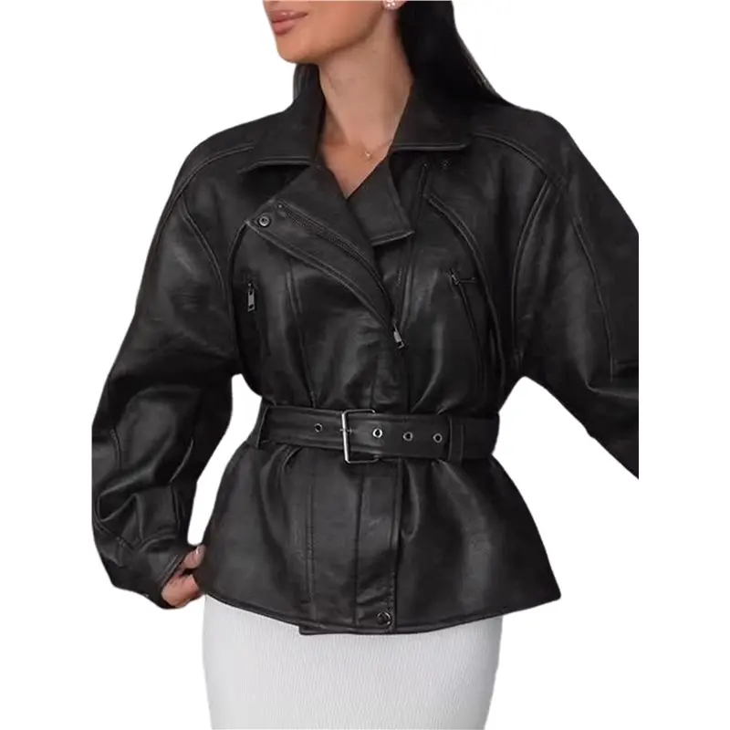 CYL-Female Fall Belted Faux Leather Jacket Business Casual Faux Leather Short Trench Coat