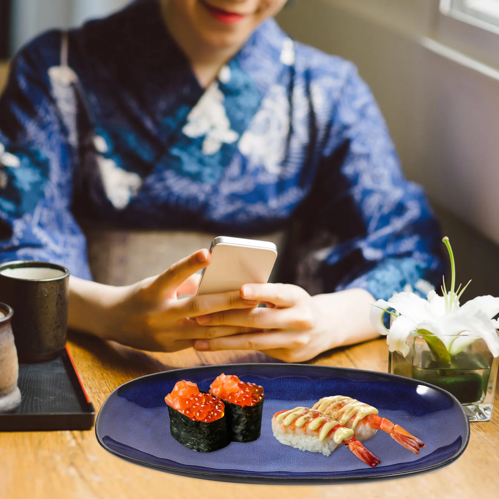 

Ceramic Sushi Plate Blue Small Decorative Food Tray for Home Restaurant Hotel Snack Serving Plate Fruit Fish Tray