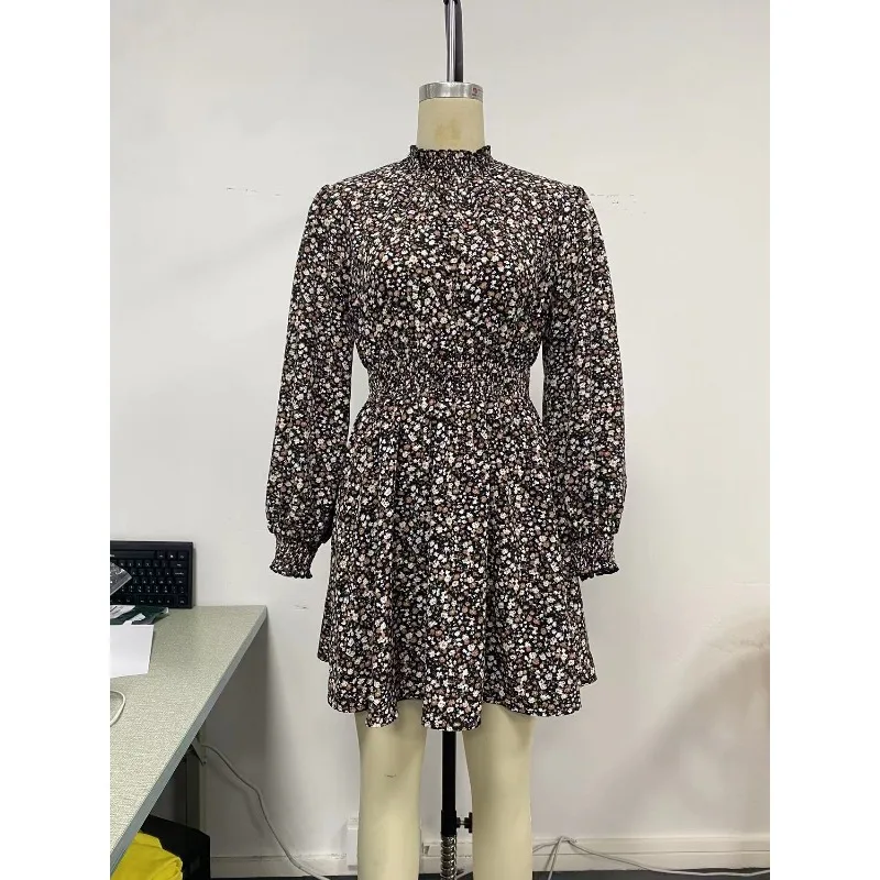 Women Long Sleeve Ditsy Floral Mini Dress Ruffled High Neck Elastic Waist A Line Short Dress Vintage Casual Daily Party Dress - view 3