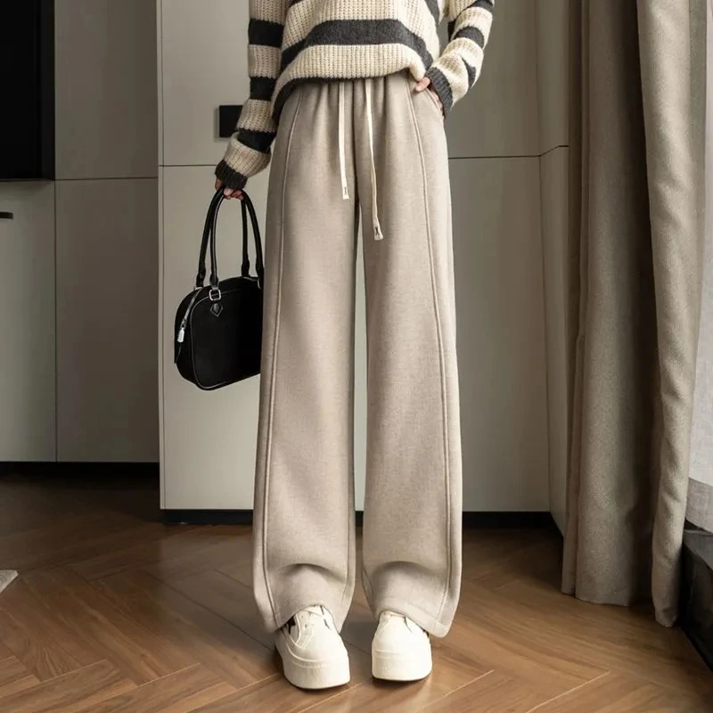 2026 Autumn Winter Grey Plush Wide Ieg Pants High Waisted Loose Pants Casual Straight Leg Sports Womens Thick Pants ﻿