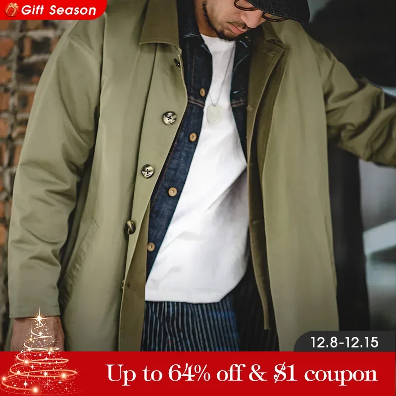 Maden Casual Balmacaan Trench Coat Men\'s Amekaji Loose Green Windbreaker Heavyweight Twill Long Jackets Vintage Overcoats