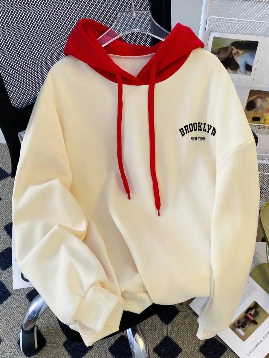 

Cream & Red Color Block Drop Shoulder Hoodie with Letter Print