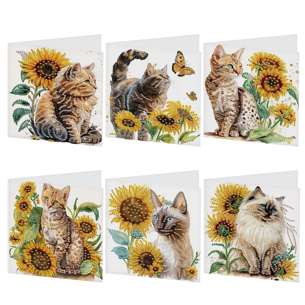 6-teiliges Grußkarten-Set für Diamantkunst, Malerei, Katze und Blume, DIY-Diamantkunst, Kunsthandwerk mit Umschlägen, Diamantkarten für Feiern