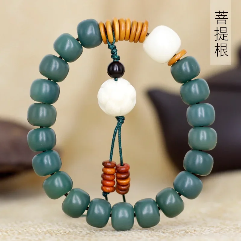 Weathered bodhi root Yin skin dark green barrel beads DIY style hand string 1.0*19 polished Bodhi text play rosary beads