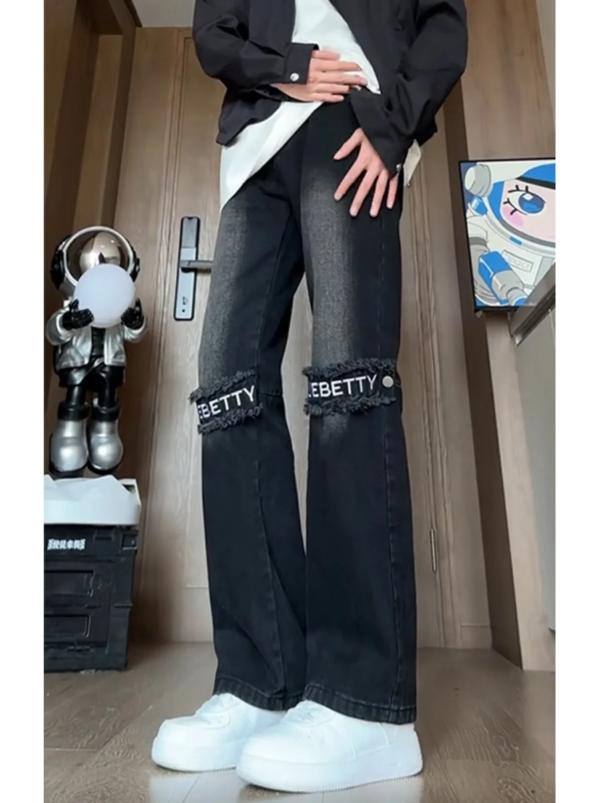 

Мужские джинсы Waed adient: прямые, повседневные, в стиле High Street, с высокой/средней посадкой, молодежные