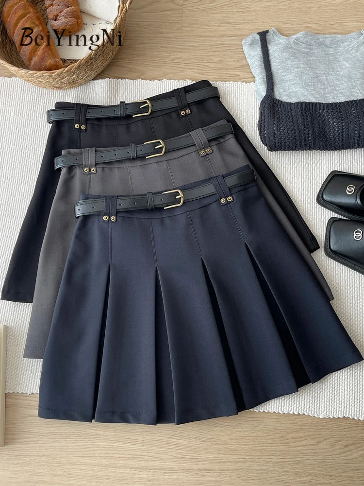 

Beiyingni Preppy Style Vintage Suit Mini Skirt Women Stylish Casual Lining Short Pleated Skirts Belted Plain Korean Black Skirt