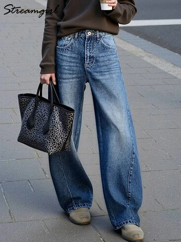

Streamgiel Blue Wide Jeans Women Wide Leg Denim Pants Spring 2026 Women's Loose Jeans Mid Waist Lady Denim Trousers Wide Leg