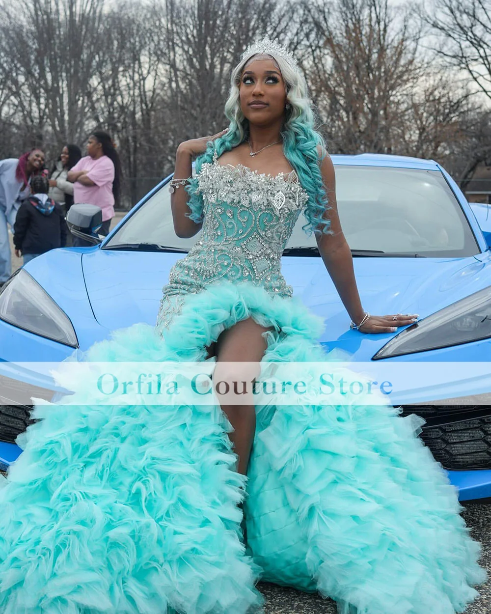 Luxury Ruffles Prom Dresses For Black Girls 2025 Flowers Beading Split Party Dress Birthday Outfit robe haute couture Customized