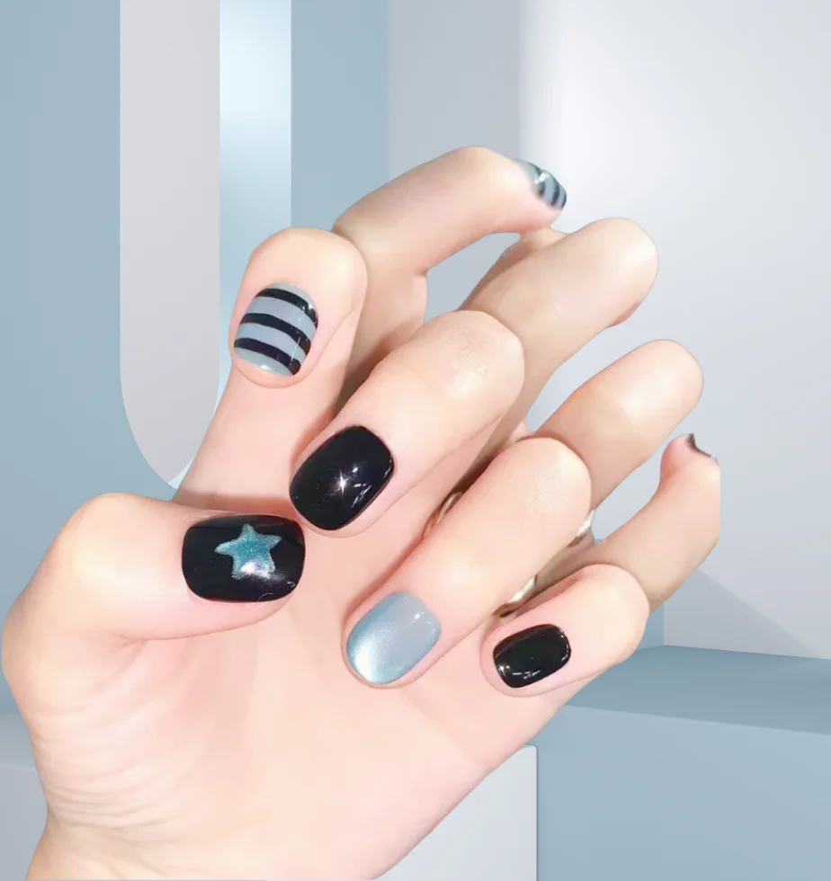 

10pcs Handmade Black Blue Stars Bright Bead Cat Eye Sweet Cool Y2K Smuddy Wear Nails Daily Dating Short Square Detachable Nails