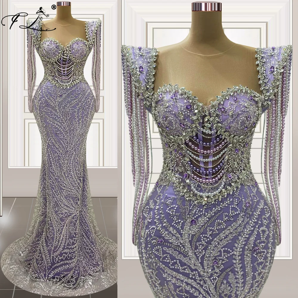 Purple Mermaid Celebrity Dresses 2024 Dubai Arabic Long Sleeves Prom Evening Crystals Party Dresses with Tassels Customized