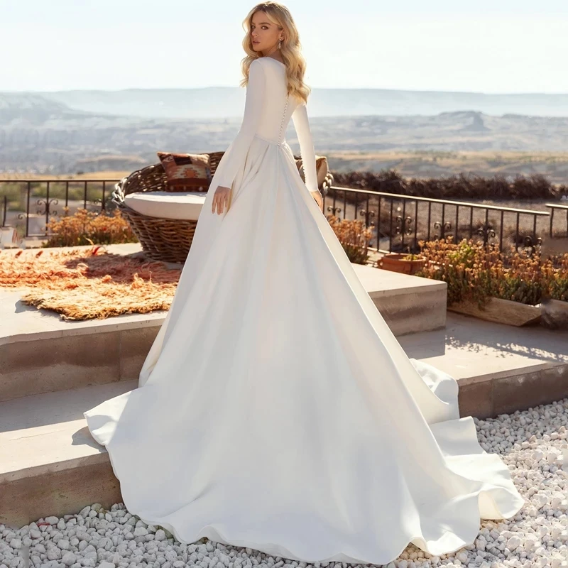 White A-Line Wedding Dresses Boho Soft Satin Beach Formal Bridal Gowns Women Sexy V-neck Princess Party Long Sleeve Pleated Robe